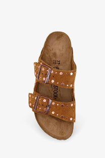 Birkenstock women’s arizona rivet tan suede sandal with rose gold-tone studs and double buckle straps