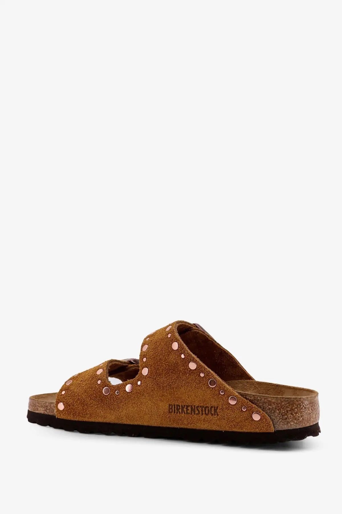 Birkenstock women’s arizona rivet sandal in brown tan suede with rose gold studded straps for casual wear