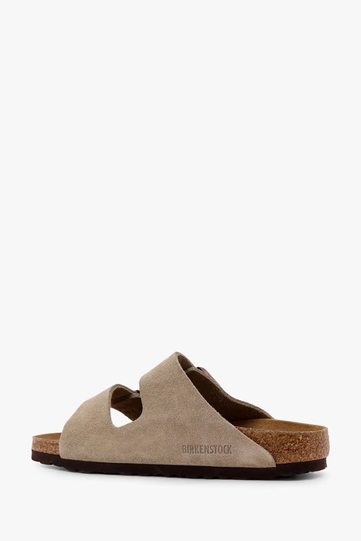Birkenstock women’s arizona beige suede sandals with cork footbed and black rubber sole