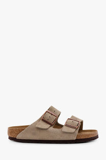 Birkenstock women’s arizona beige suede sandals with rose gold-tone double straps and cork footbed