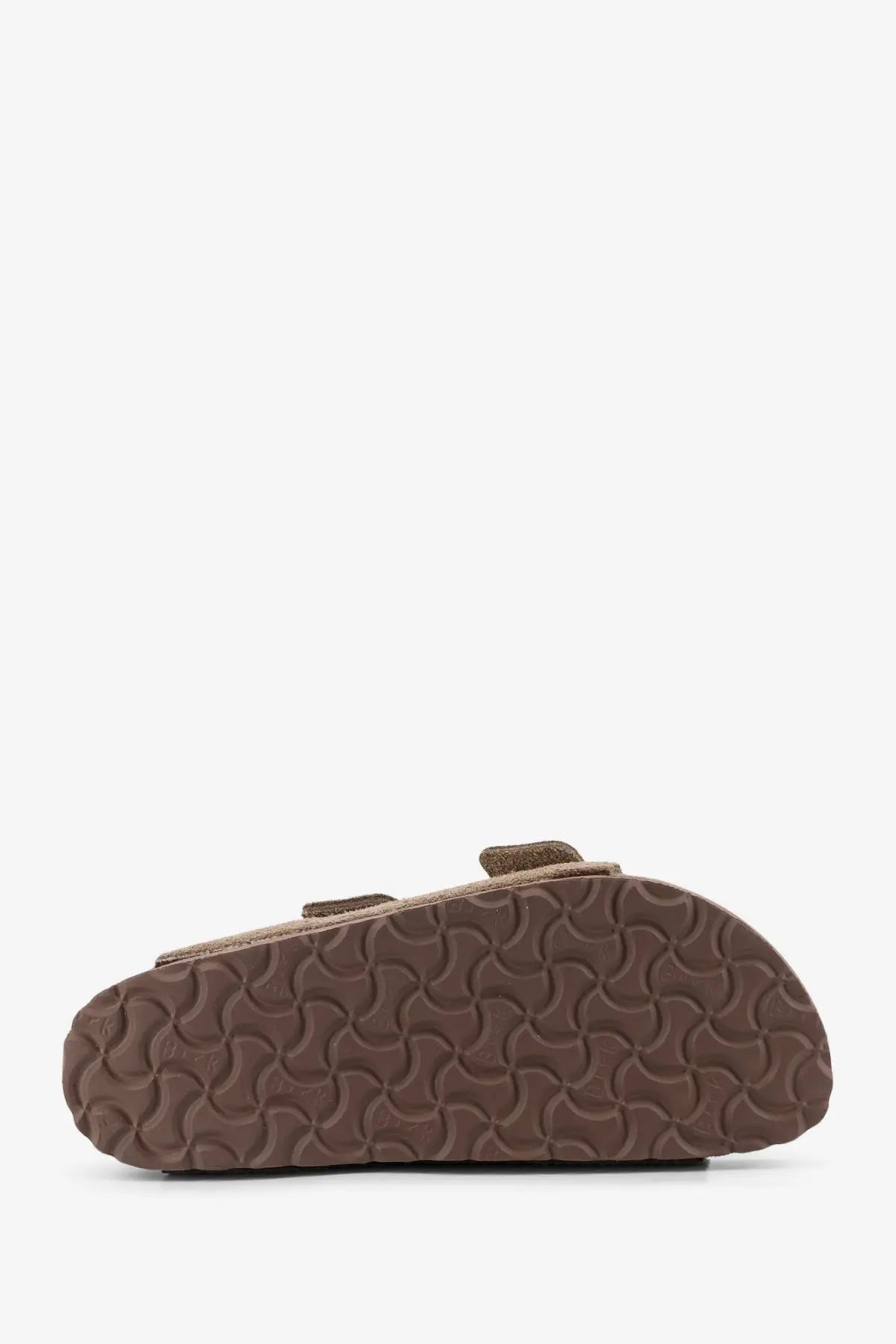Brown suede birkenstock women’s arizona sandals with beige textured rubber sole