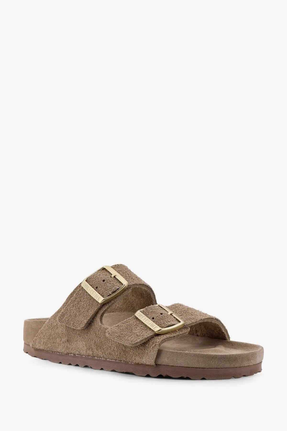 Birkenstock women’s arizona beige suede sandals with gold-tone double straps and contoured footbed