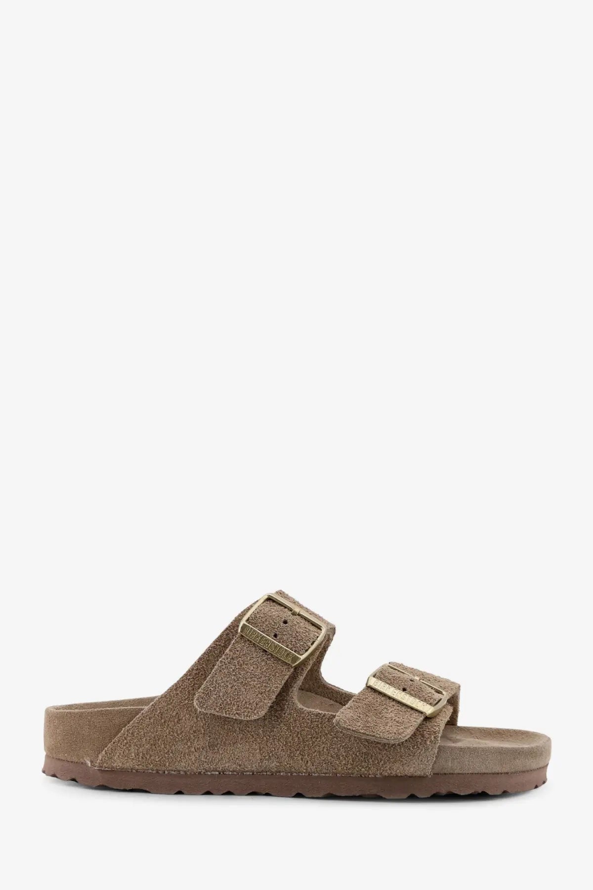 Birkenstock women’s Arizona beige suede sandals with two adjustable straps and gold-tone buckles