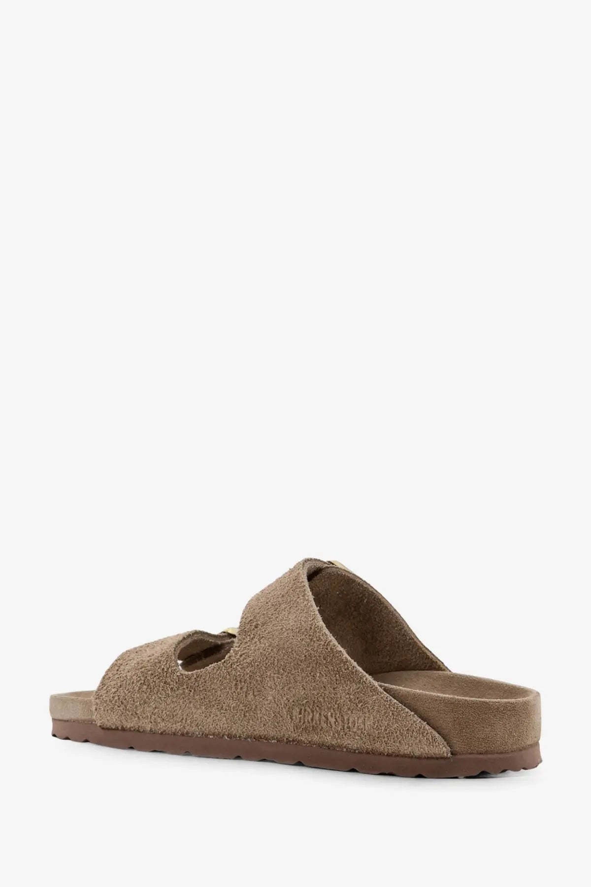 Birkenstock women’s arizona suede sandals beige with tan two-strap design and brown rubber sole
