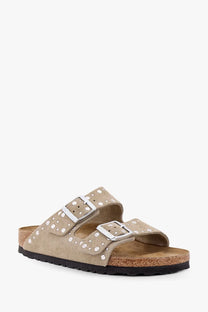 Beige suede Birkenstock Arizona sandals with silver double buckles and white stud accents for women brown model
