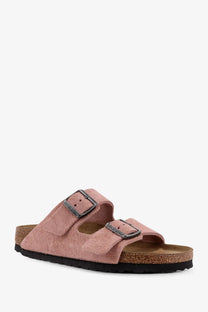 Birkenstock women’s Arizona pink suede sandals with two adjustable straps and metallic buckles