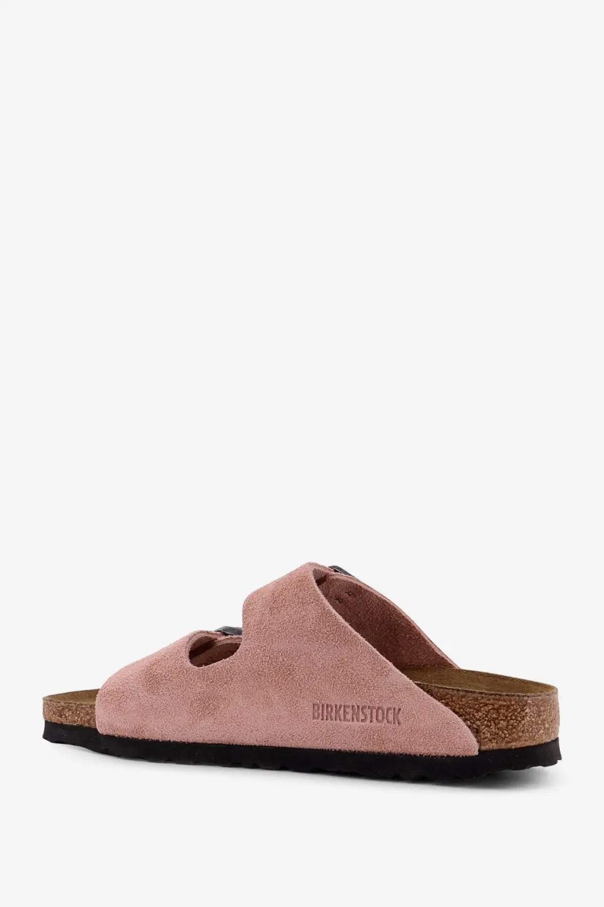 Birkenstock women’s arizona pink suede sandals with cork footbed and black rubber sole front view