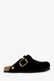 Birkenstock womens boston big buckle piping rivet mule black velvet clog with gold tone buckle and cork footbed