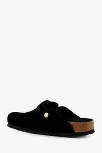 Birkenstock women’s Boston big buckle piping rivet mule black velvet slip-on clog with cork footbed and gold-tone buckle