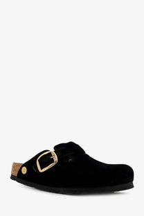 Birkenstock women’s boston big buckle piping rivet mule black velvet clog with gold-tone buckle and cork footbed