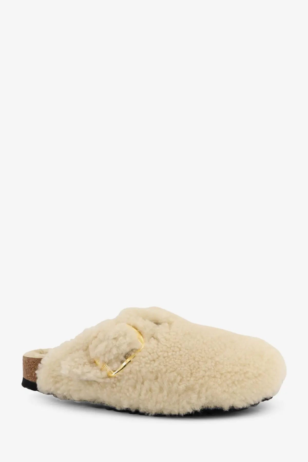 Birkenstock women’s boston big buckle shearling mule in cream with gold buckle and cork footbed for indoor comfort