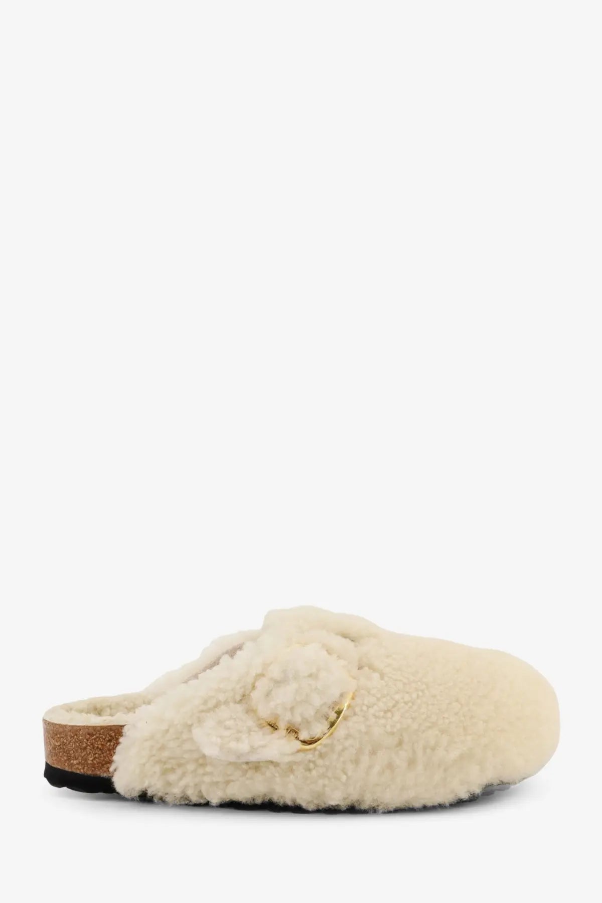 Birkenstock women’s boston big buckle shearling mule in cream with gold buckle and cork sole