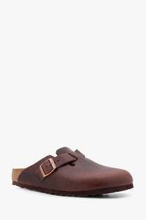 Birkenstock women’s boston bs leather mule brown with rose gold buckle and cork footbed in brown leather