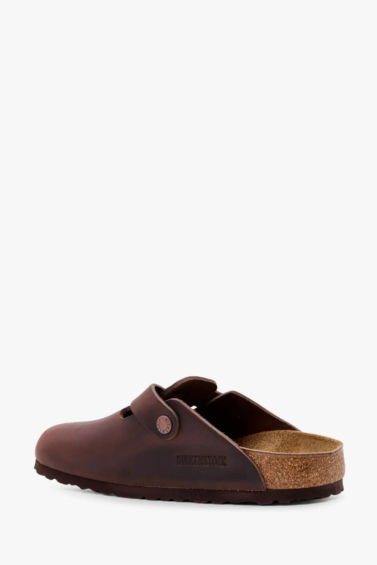Birkenstock women’s Boston BS leather mule brown clog sandal with cork footbed and embossed logo on the side