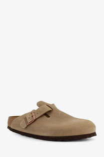 Birkenstock women’s boston bs leather mule brown in tan suede with copper-toned buckle and cork footbed