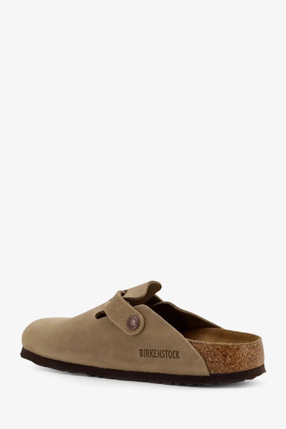 Birkenstock women’s Boston BS leather mule brown tan suede clog with cork footbed and brown rubber sole