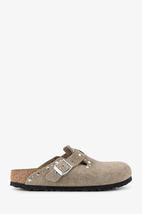 Beige suede birkenstock womens boston rivet clog with silver buckle and decorative studs in brown