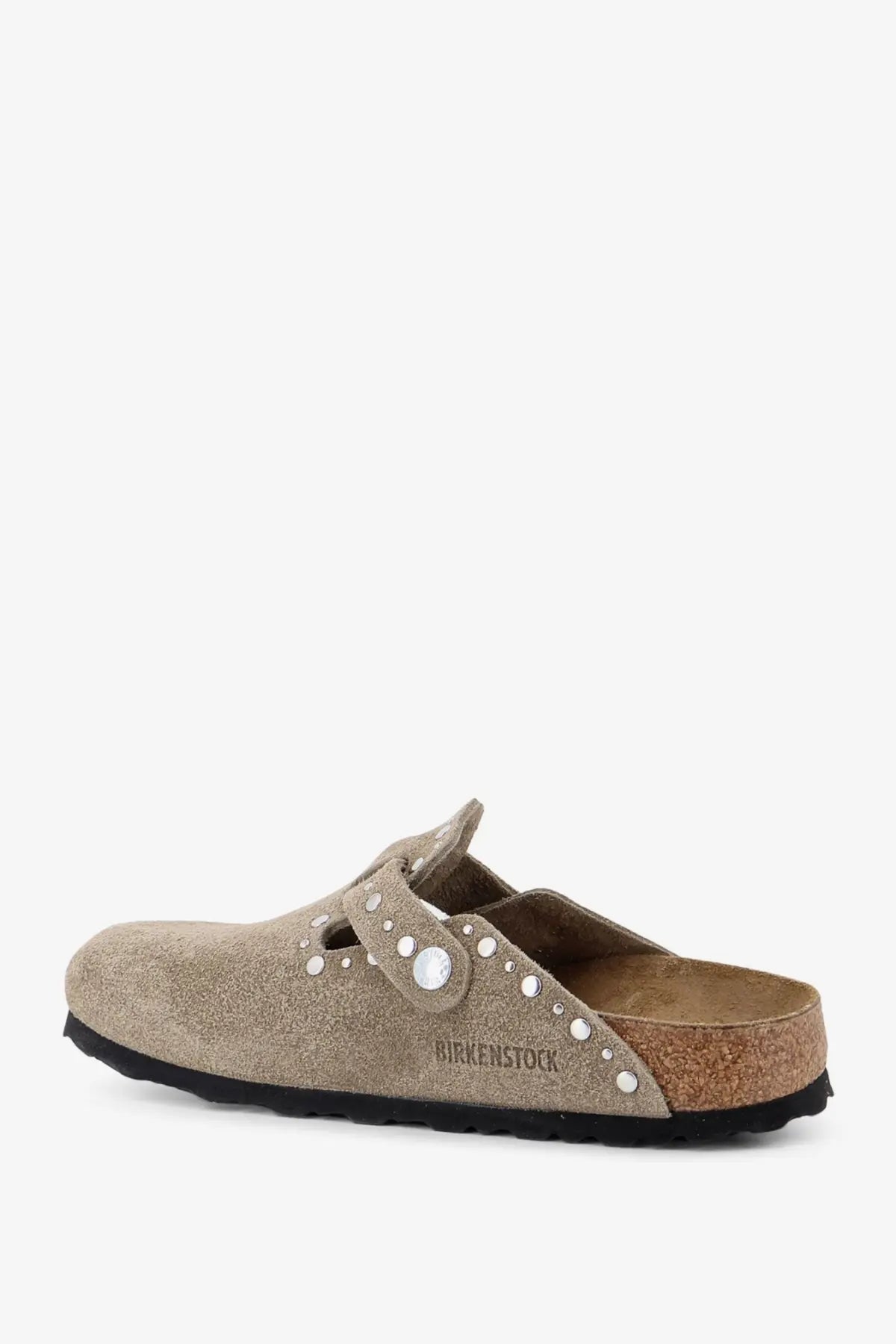 Beige suede birkenstock womens boston rivet clogs with silver studs and cork footbed brown sandals