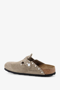 Beige suede birkenstock womens boston rivet clogs with silver studs and cork footbed brown sandals