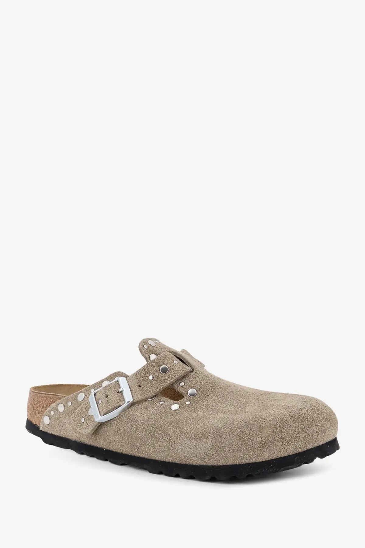 Beige suede birkenstock women’s boston rivet clog with silver buckle and decorative studs in brown