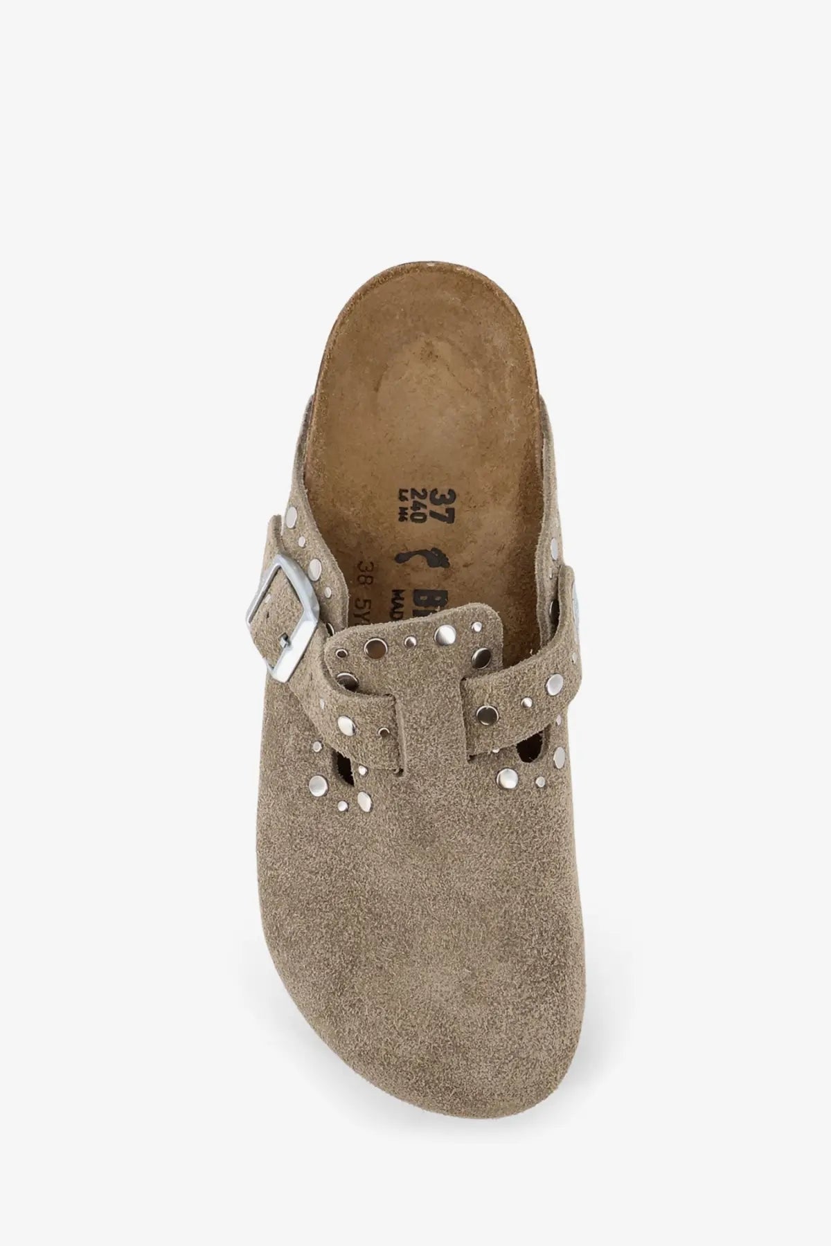 Birkenstock women’s boston rivet suede sandals in brown with tan suede clog design and silver buckle and studs