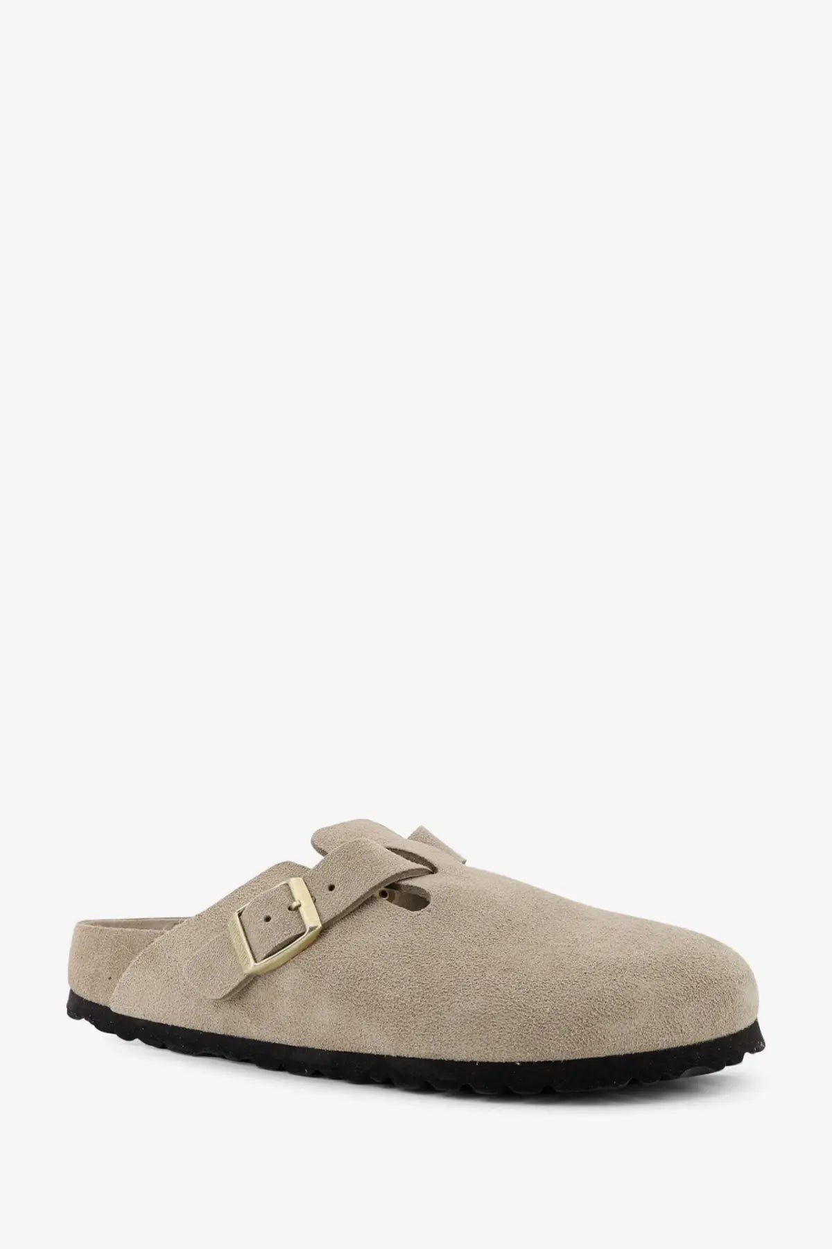 Beige suede birkenstock women’s boston clog with gold-tone buckle and black rubber sole front view
