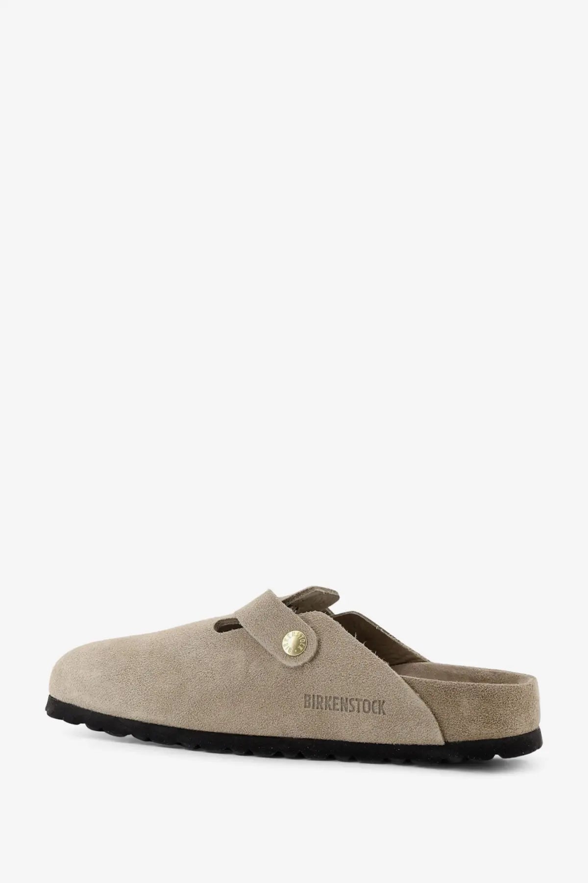 Birkenstock women’s Boston suede sandals beige with gold-tone button and black rubber sole front view