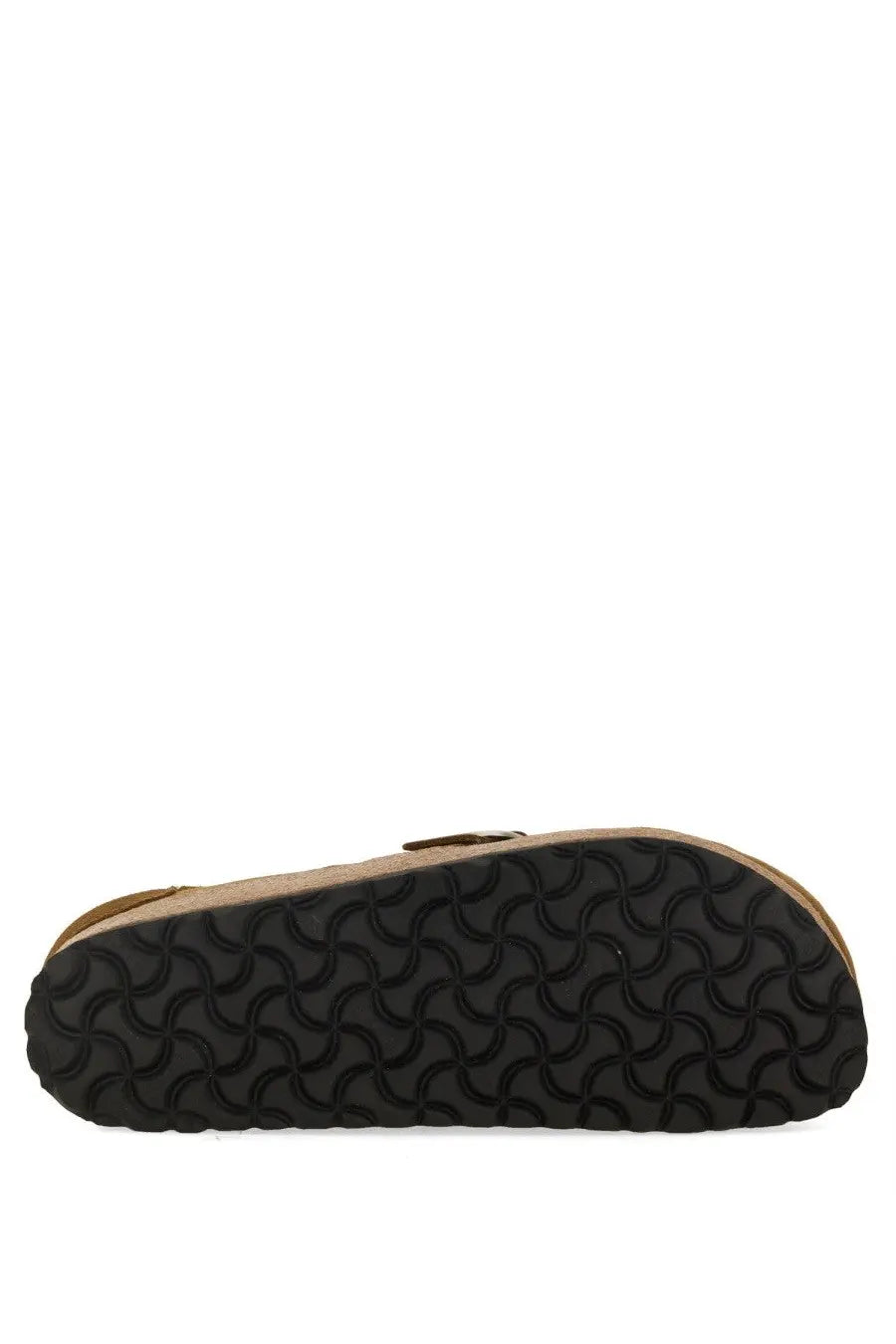 Birkenstock women’s buckley tan leather clog with shearling lining and black rubber sole with wavy tread pattern