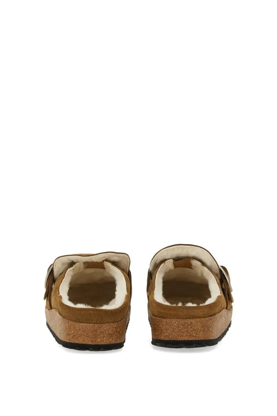 Birkenstock women’s buckley shearling brown tan suede clogs with cork footbed and plush white shearling lining