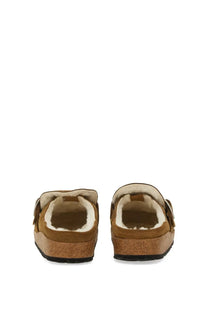 Birkenstock women’s buckley shearling brown tan suede clogs with cork footbed and plush white shearling lining