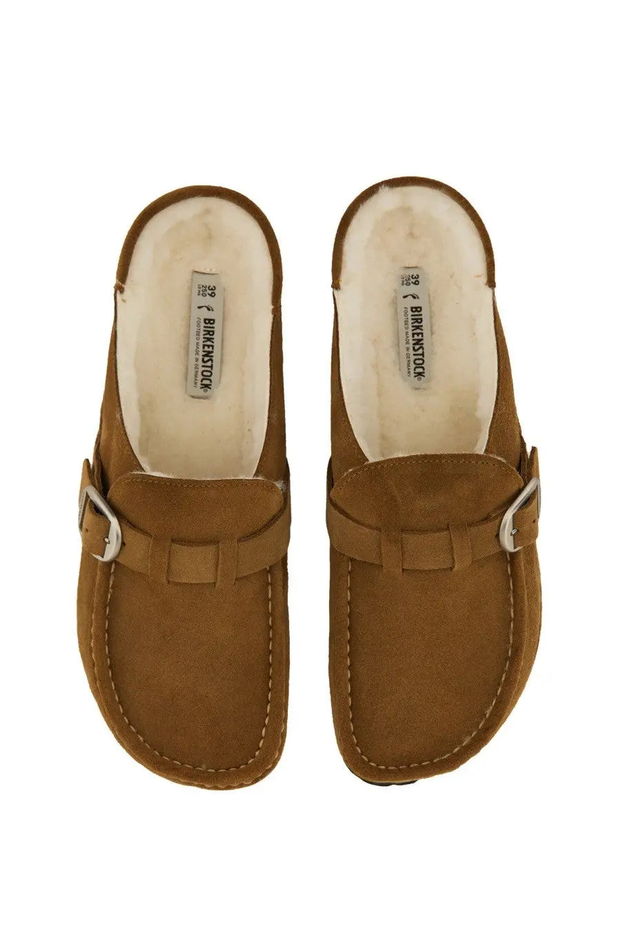 Birkenstock womens buckley tan suede clogs with white shearling lining and silver buckle straps