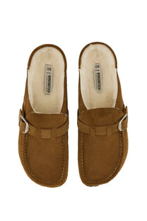 Birkenstock womens buckley tan suede clogs with white shearling lining and silver buckle straps