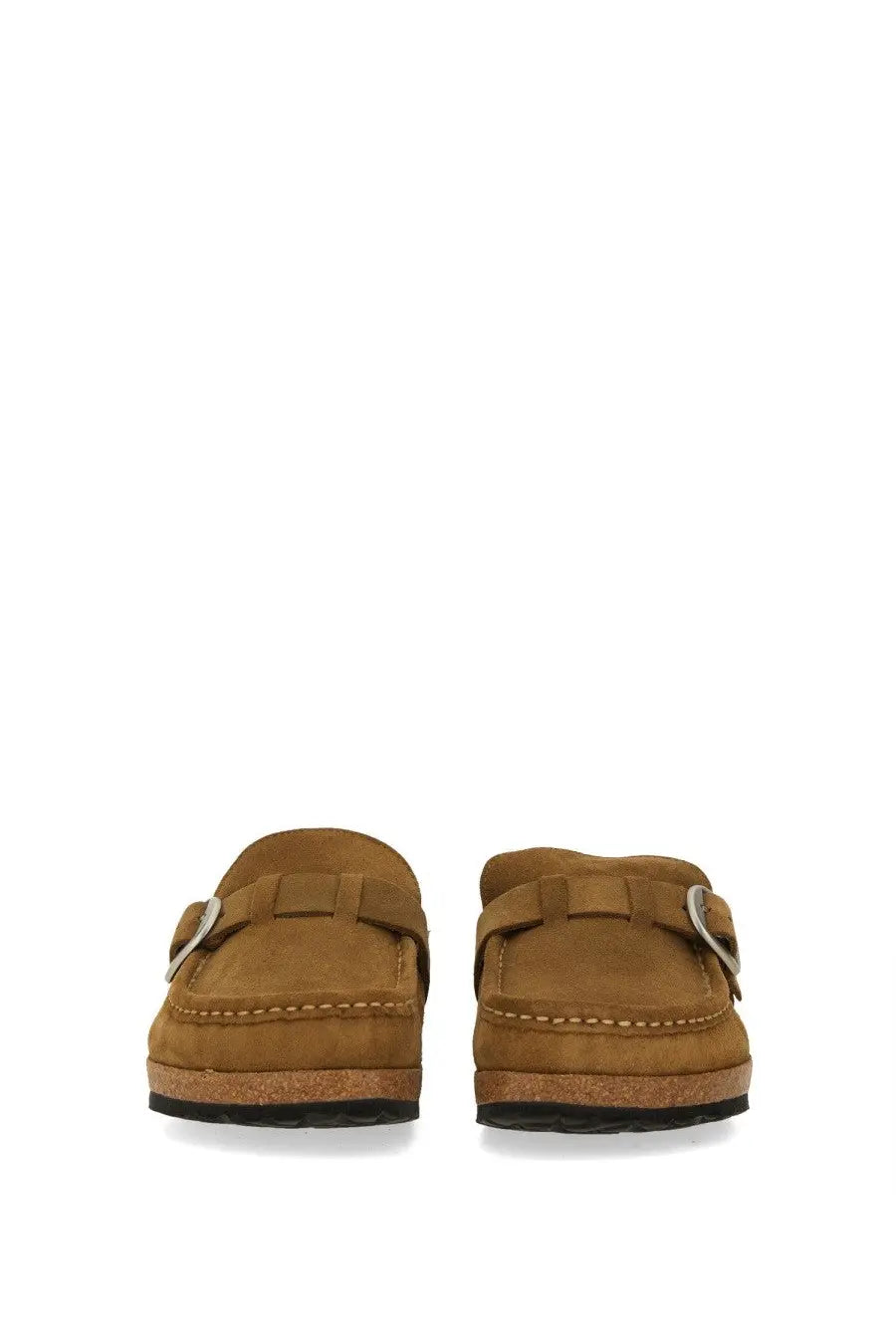 Birkenstock women’s buckley tan suede moccasin loafers with cork sole and silver toned buckle in shearling brown