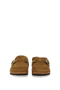 Birkenstock women’s buckley tan suede moccasin loafers with cork sole and silver toned buckle in shearling brown