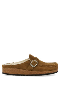 Birkenstock women’s buckley tan suede mule slip-on shoe with silver buckle and cork sole in shearling brown
