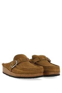 Birkenstock women’s Buckley tan suede mule slippers with cork sole and silver buckle in shearling brown