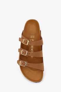 Birkenstock women’s florida brown suede sandal with three adjustable straps and gold tone buckles