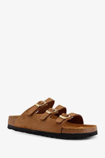Birkenstock women’s florida brown suede sandals with three adjustable tan straps and gold tone buckles