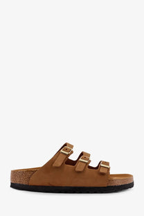 Birkenstock women’s florida suede sandal in tan brown with three adjustable straps and gold-tone buckles