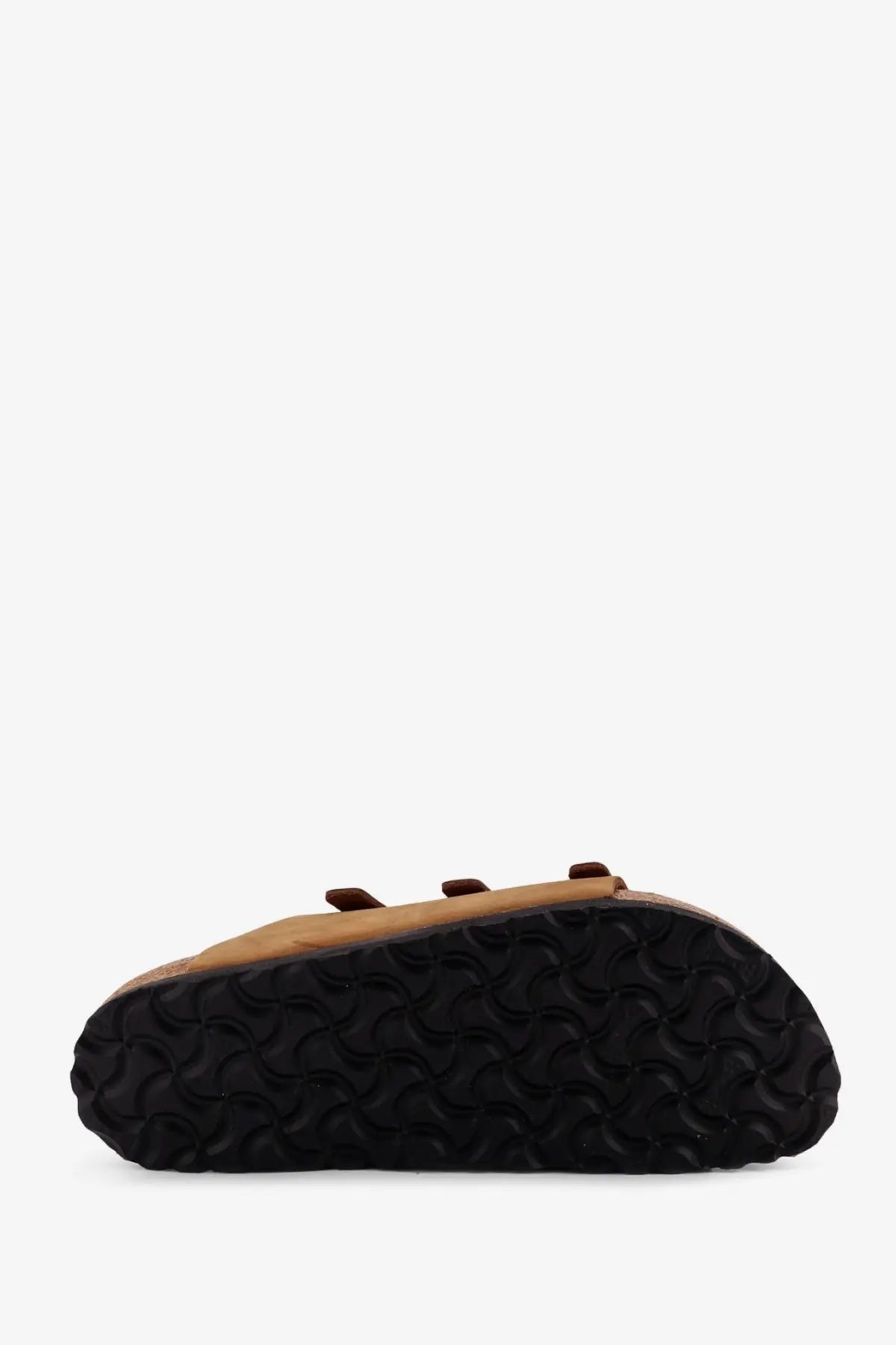 Birkenstock women’s florida suede sandals brown with tan leather and two brown straps on black rubber sole