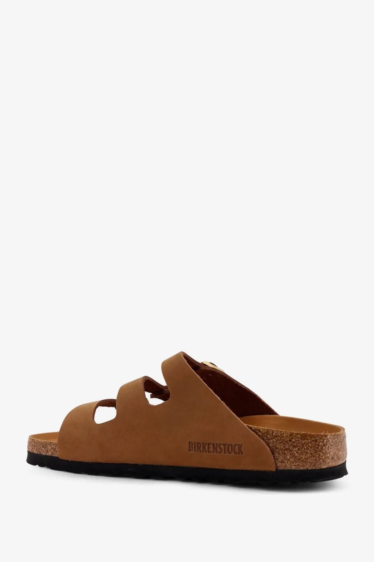 Birkenstock women’s florida suede sandal in brown with tan leather, cork footbed, and black rubber sole visible from front