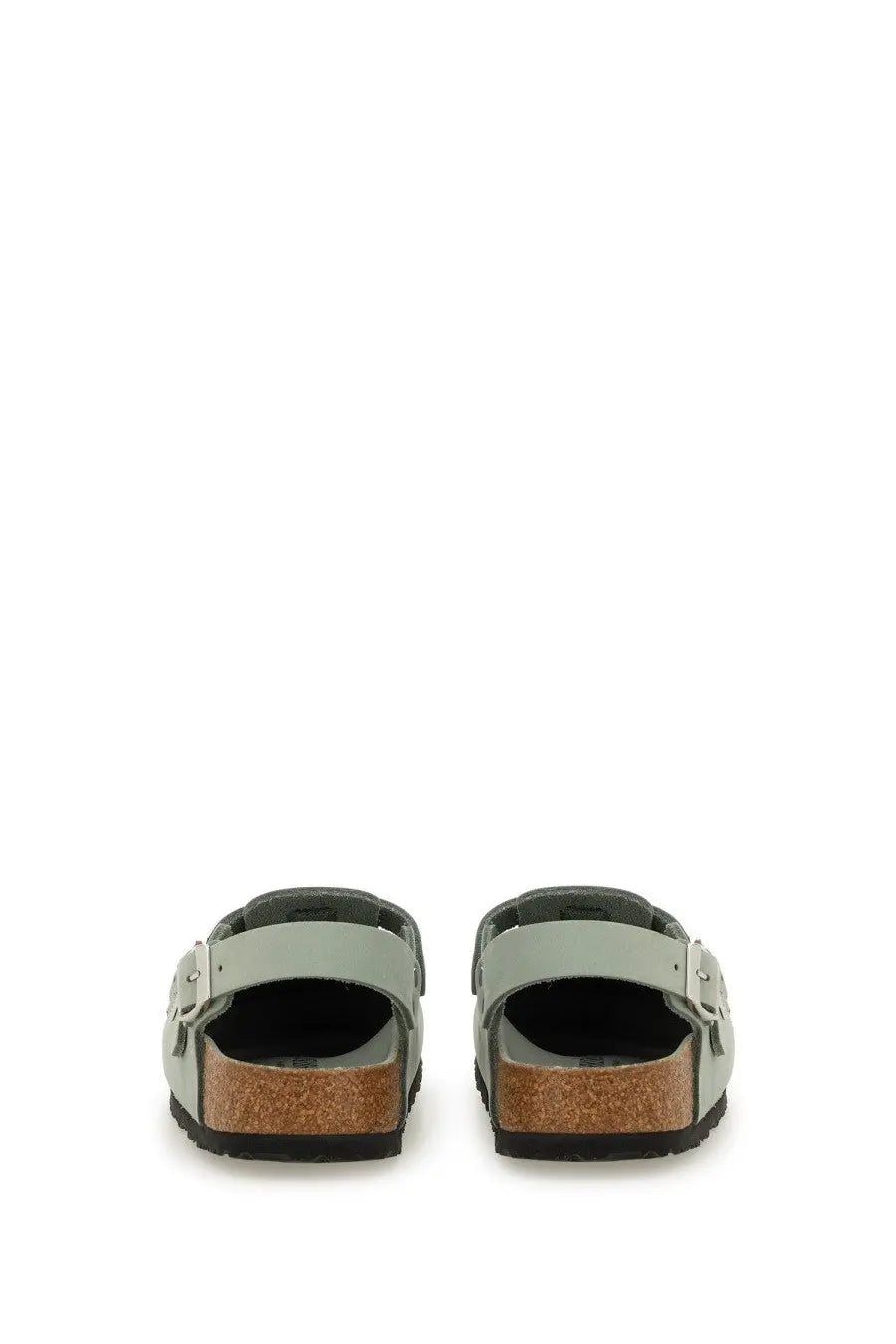 Birkenstock women’s sabot tokio grey light green leather clog sandals with cork footbed and silver buckle details