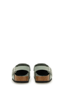 Birkenstock women’s sabot tokio grey light green leather clog sandals with cork footbed and silver buckle details