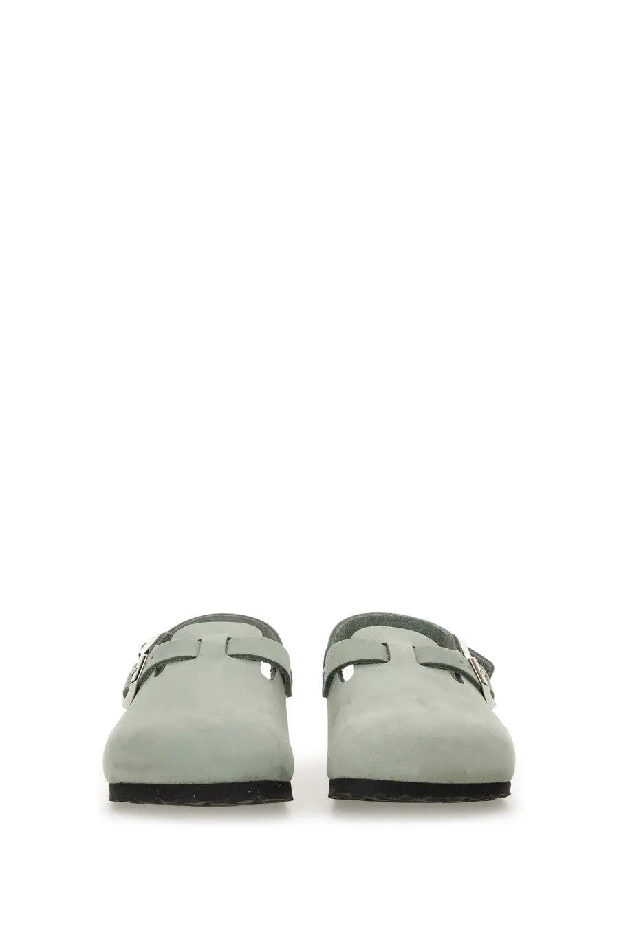 Birkenstock women’s sabot tokio grey light green suede clogs with black rubber soles and silver buckle details