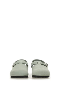 Birkenstock women’s sabot tokio grey light green suede clogs with black rubber soles and silver buckle details