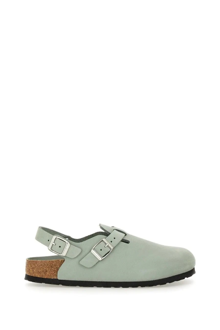 Birkenstock women’s sabot tokio grey light green suede clog with two silver buckle straps and cork footbed