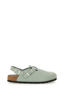 Birkenstock women’s sabot tokio grey light green suede clog with two silver buckle straps and cork footbed