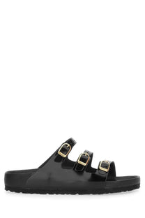 Birkenstock women’s sandal Florida black with black patent leather and three gold-tone buckle straps