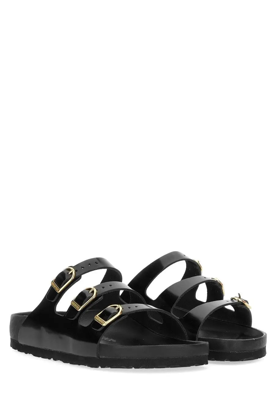 Birkenstock women’s sandal florida black with black patent leather and gold-tone buckle straps close-up front view