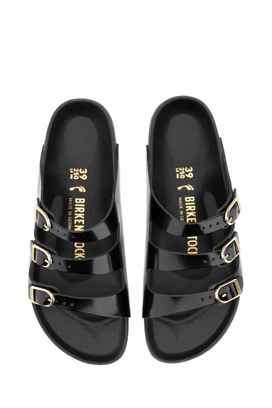 Birkenstock women’s sandal florida black featuring black patent leather and gold-tone buckle straps front view